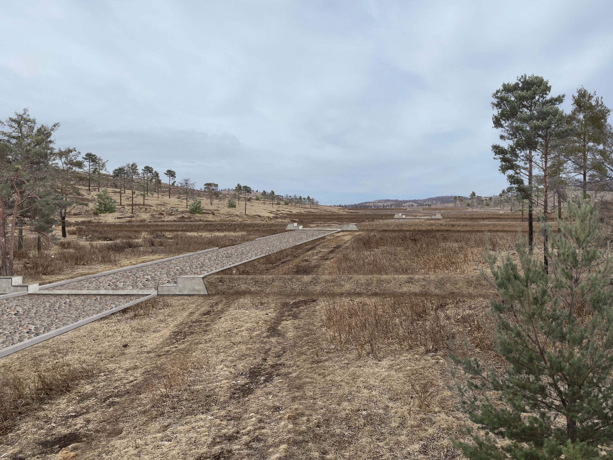 landscape render of the Erdenet climate adaptation water channels and basins